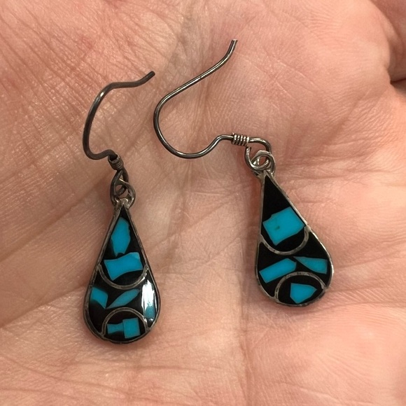 Vintage TAXCO Mexico Turquoise Black Onyx Sterling Silver Earrings - Picture 1 of 6
